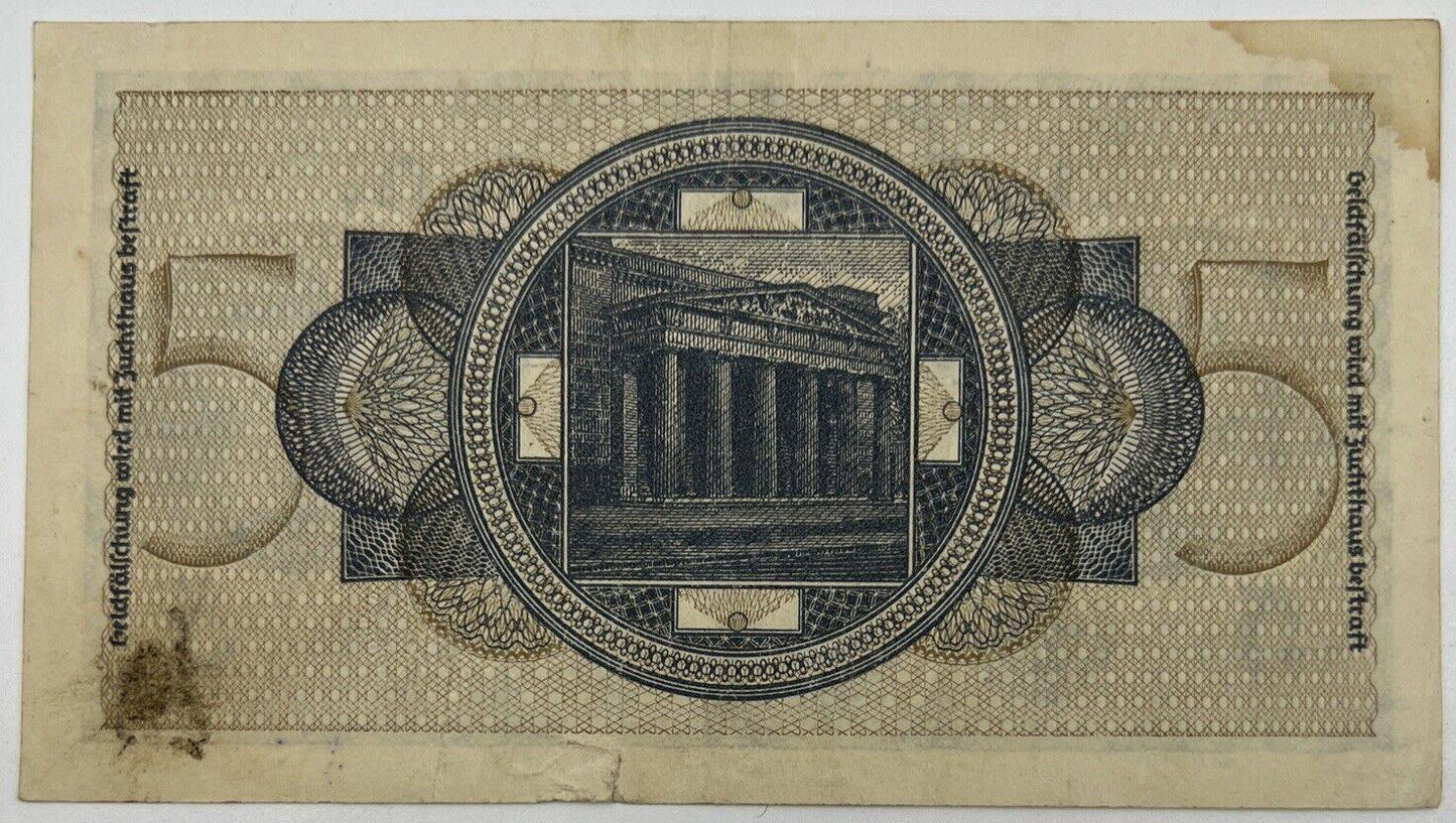 Old Vintage Germany 5 Mark Banknote | Collectable Grade