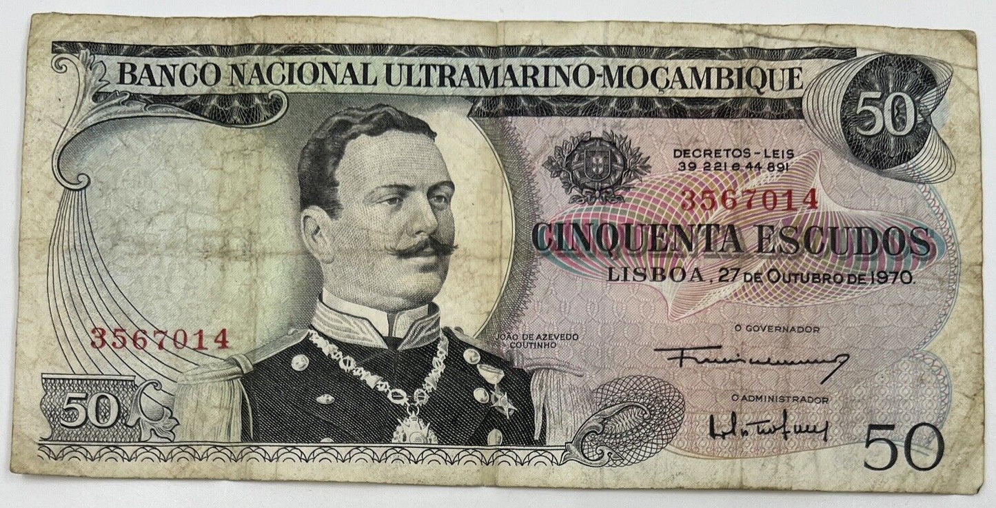 Old Vintage Mozambique 50 Escudos Banknote | Collectable Grade