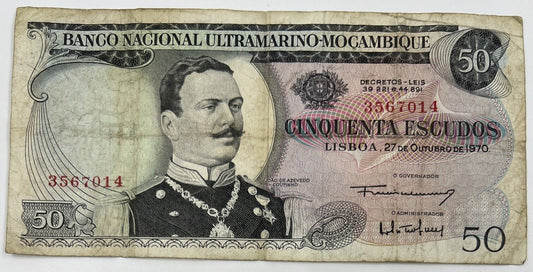 Old Vintage Mozambique 50 Escudos Banknote | Collectable Grade