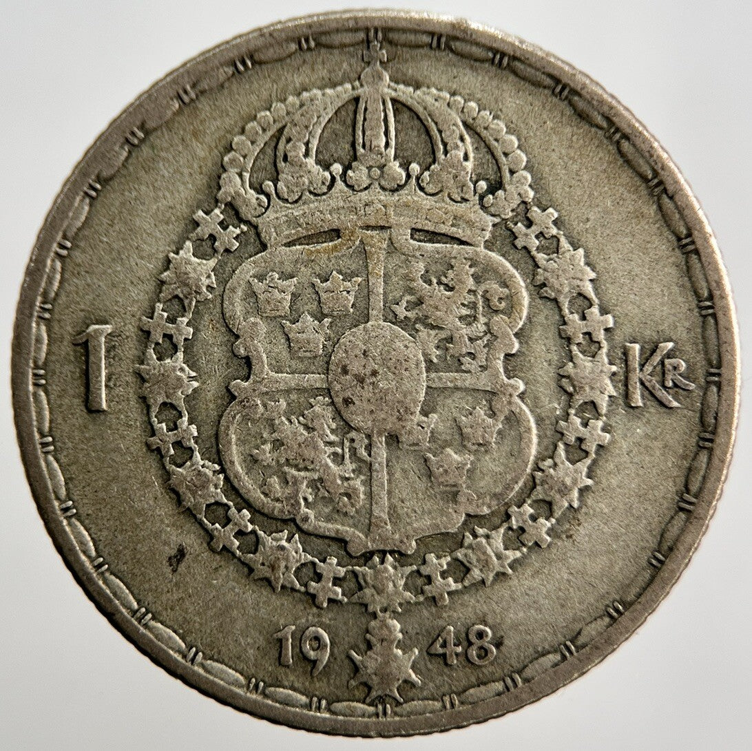 1948 Sweden 1 One Krona Silver Coin | Fine Collectable Grade | a2174