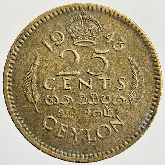 1943 Ceylon 25 Cents Sri Lanka Coin | Fine Collectable Grade