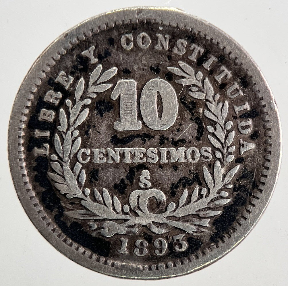 1893 Uruguay 10 Silver Centesimos Coin | Fine Collectable Grade | a9858
