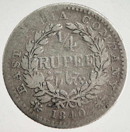 1840 India 1/4 Quarter Rupee Silver Coin | Collectable Grade | a8413