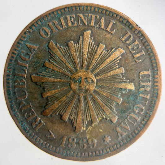 1869 Uruguay 2 Centesimos Coin | Fine Collectable Grade