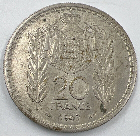 1947 Monaco Louis II 20 Francs Coin | Very High Grade | a1537