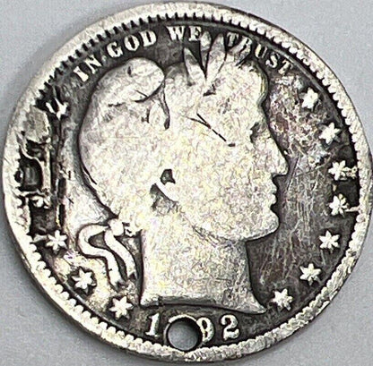 1892 US USA Barber Quarter (Holed) | American Silver Coin | Fair Grade | a381