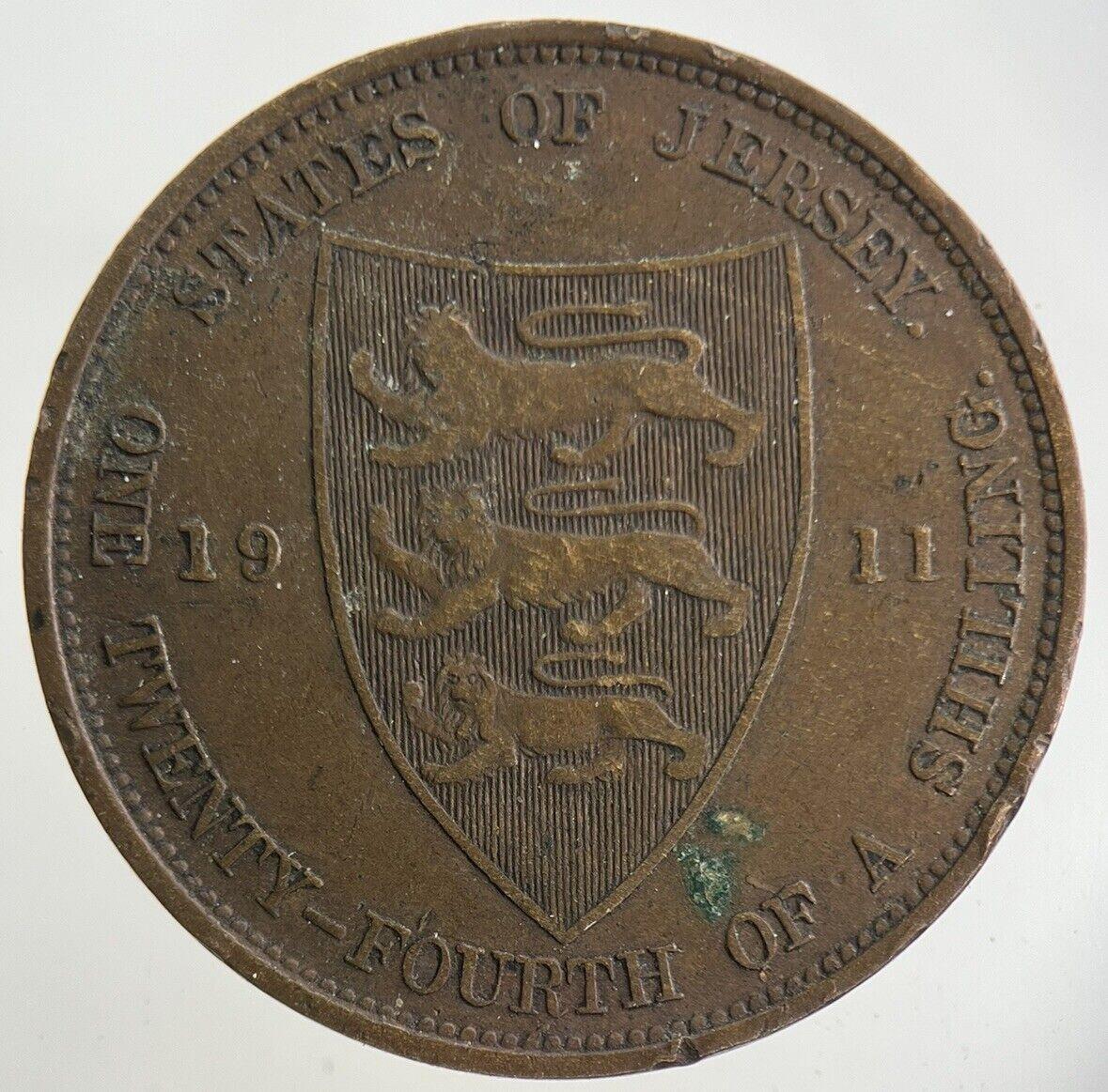 1911 Jersey 1/24 One Twenty Fourth Of A Shilling Coin | Fine Collectable Grade