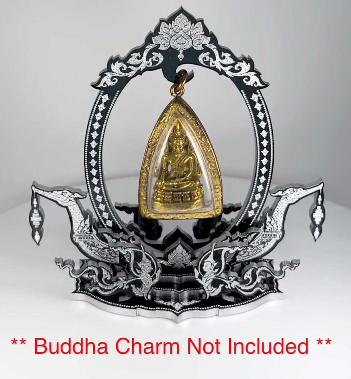 Black / Silver Thai Buddha Themed Hanging Charm / Amulet / Medal Display Stand