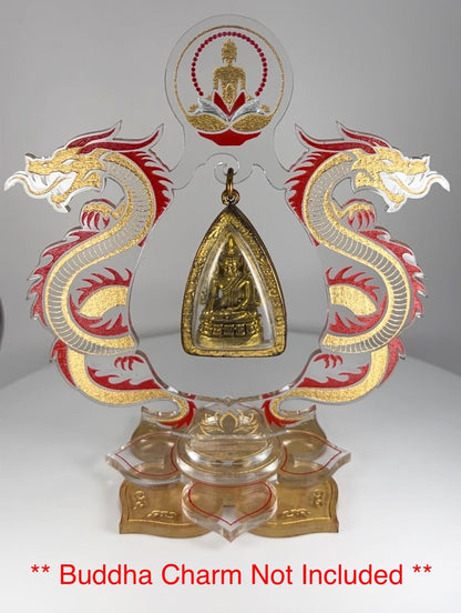 Red / Gold Thai Dragon Themed Hanging Charm / Amulet / Medal Display Stand