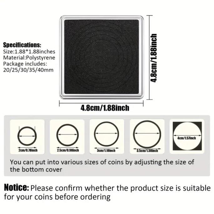 1 x Square Coin Protective Capsule Black Adjustable Foam Insert Rings 20mm-40mm