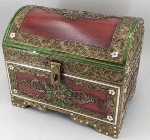 Handmade Thai Antique Vintage Wooden Jewellery Box Coin Treasure Chest Storage