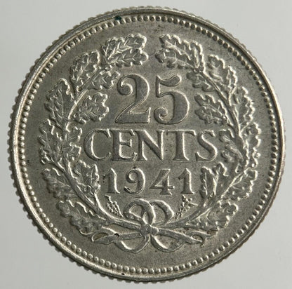 1941 Netherlands 25 Cents Silver Coin | Very High Grade