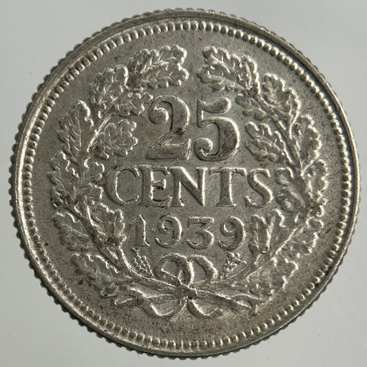 1939 Netherlands 25 Cents Silver Coin | Fine Collectable Grade