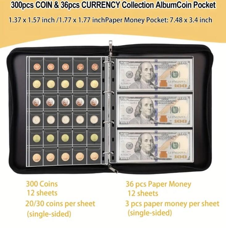 Coin & Banknote Collection Book Holder Album Fireproof & Waterproof - 300 Slots