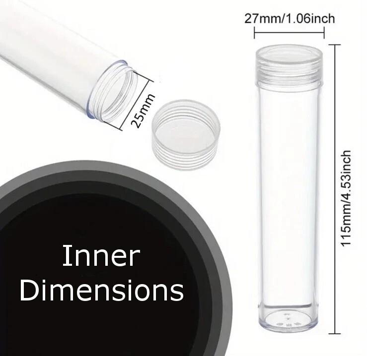 2 x 25mm Coin Storage Tube - Transparent With Screw Lid - Other Sizes Available