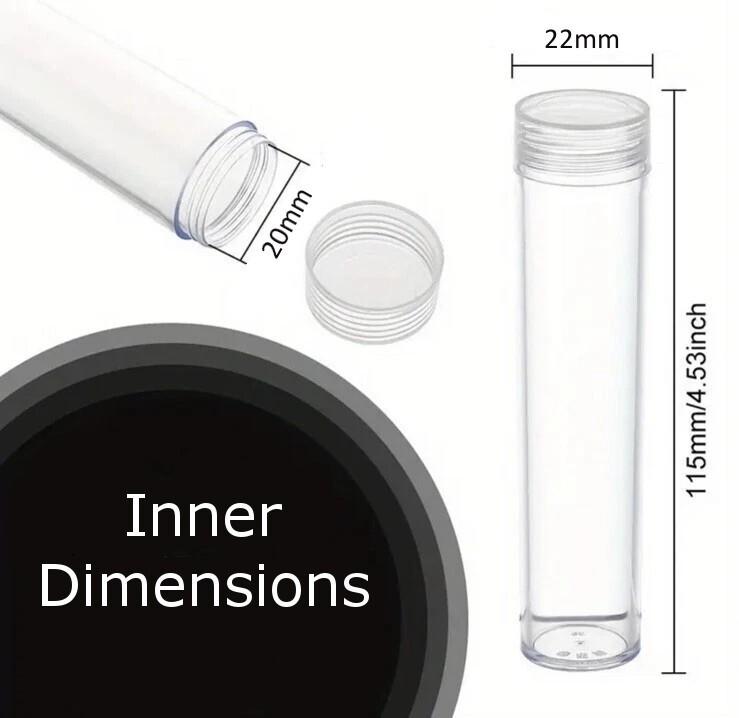 2 x 20mm Coin Storage Tube - Transparent With Screw Lid - Other Sizes Available