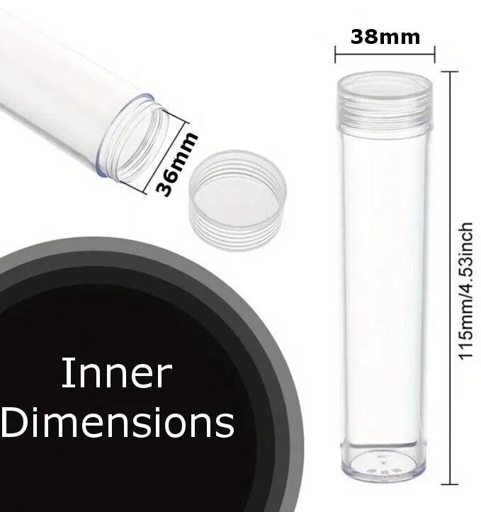 2 x 36mm Coin Storage Tube - Transparent With Screw Lid - Other Sizes Available