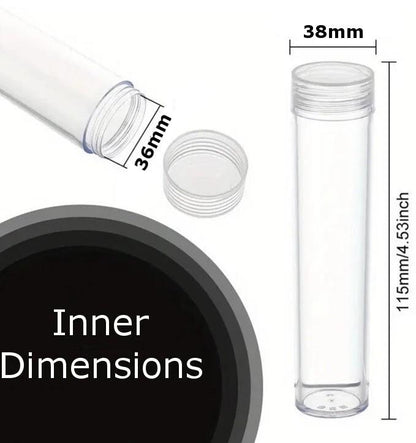 2 x 36mm Coin Storage Tube - Transparent With Screw Lid - Other Sizes Available