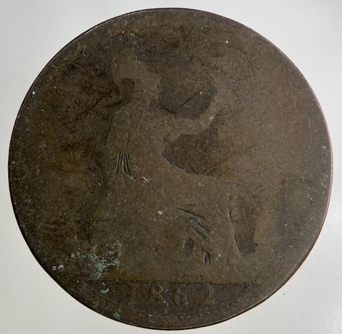 1862 Victoria One Penny Coin | Worn Grade