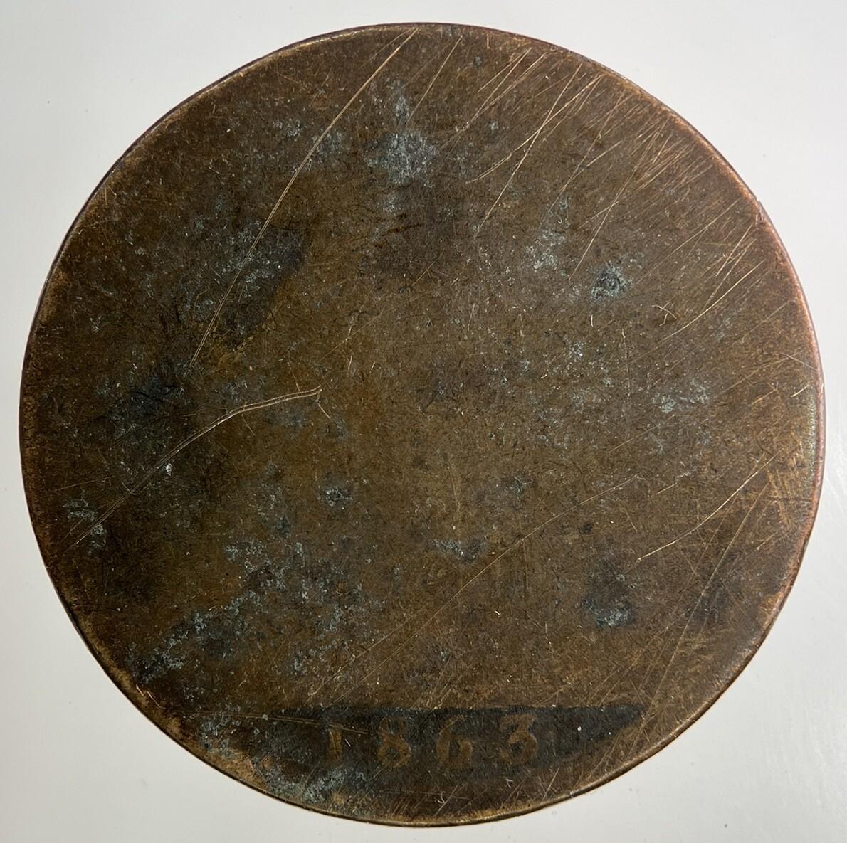 1863 Victoria One Penny Coin | Worn Grade