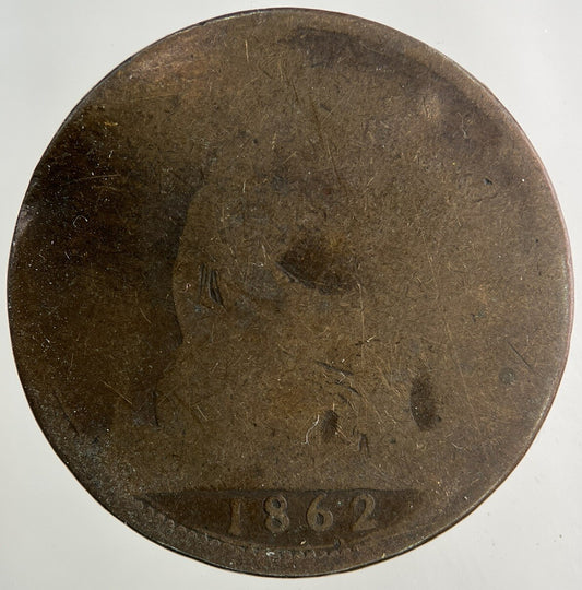 1862 Victoria One Penny Coin | Worn Grade