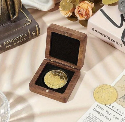 Coin / Medal Display Wood Storage Protective Box With Black Velvet Interior