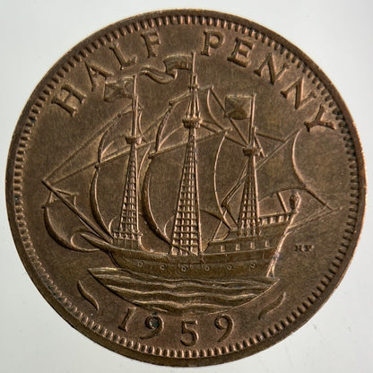 1959 Elizabeth II 2nd Half-Penny Coin | Very Fine Grade