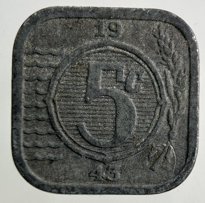 1943 Netherlands 5 Cents Coin | Fine Collectable Grade