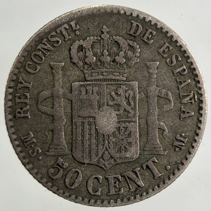 1885 Spain 50 Centimos Silver Coin | Fine Collectable Grade