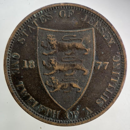 1877 Jersey 1/12 One Twelfth Of A Shilling Coin | Fine Collectable Grade