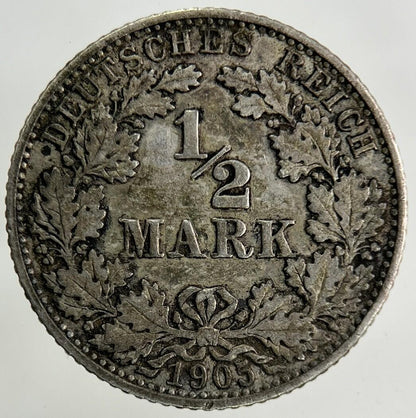 1905 Germany 1/2 Half Mark Silver Coin | Fine Collectable Grade