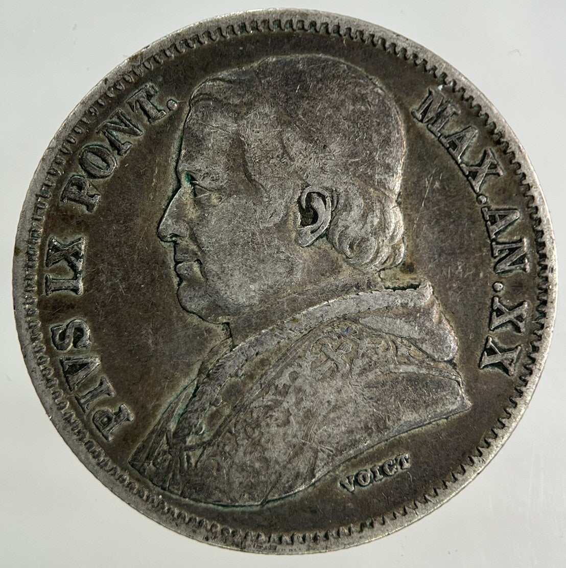 1865 Italy Papal States 20 Baiocchi Silver Coin | Fine Collectable Grade