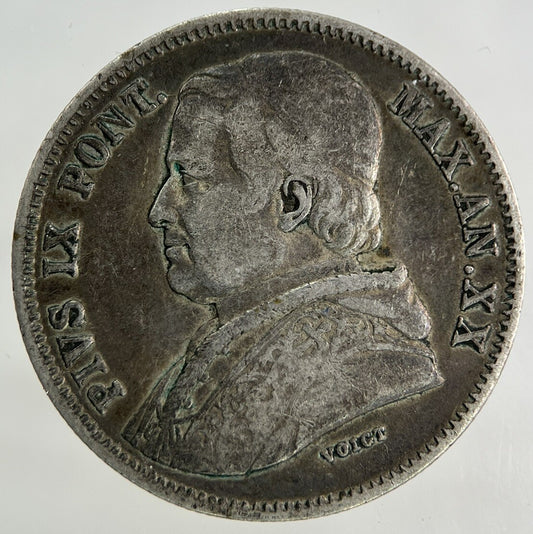 1865 Italy Papal States 20 Baiocchi Silver Coin | Fine Collectable Grade