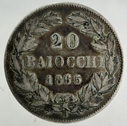 1865 Italy Papal States 20 Baiocchi Silver Coin | Fine Collectable Grade