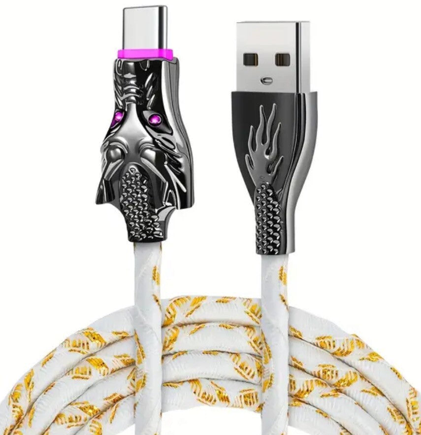 White Glowing Dragon USB A To Type C Cable 100W Fast Charger Data Transfer 1M