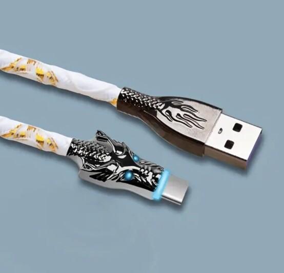 White Glowing Dragon USB A To Type C Cable 100W Fast Charger Data Transfer 1M