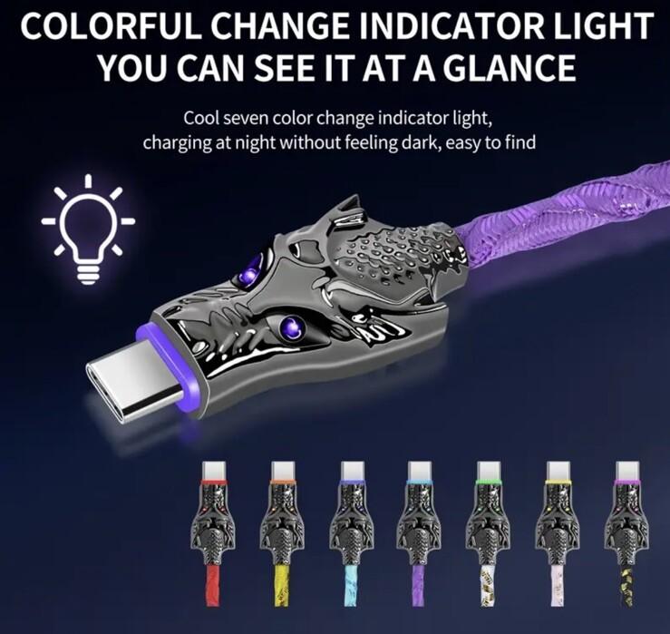 White Glowing Dragon USB A To Type C Cable 100W Fast Charger Data Transfer 1M