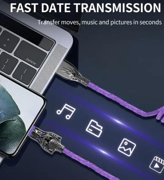 White Glowing Dragon USB A To Type C Cable 100W Fast Charger Data Transfer 1M