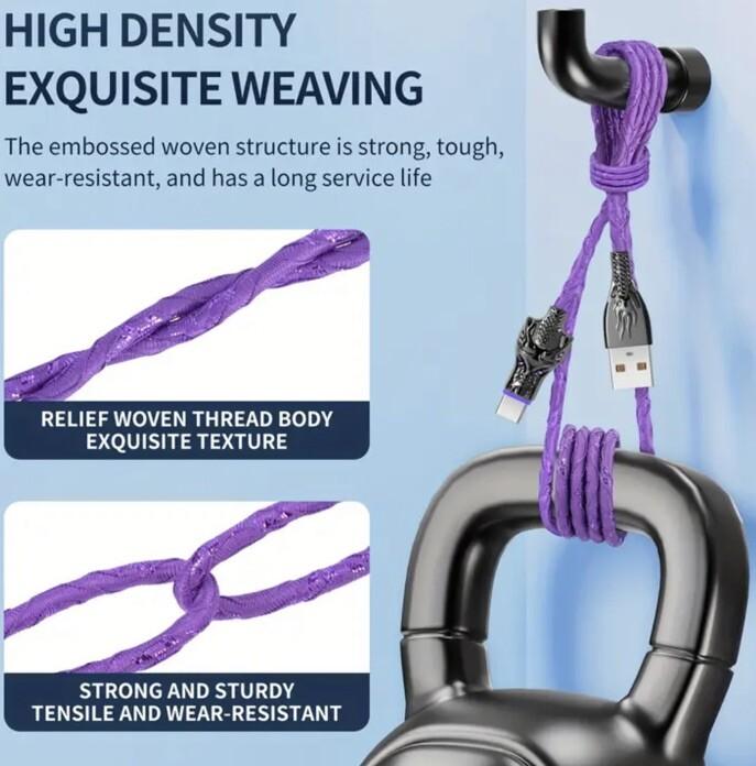 White Glowing Dragon USB A To Type C Cable 100W Fast Charger Data Transfer 1M