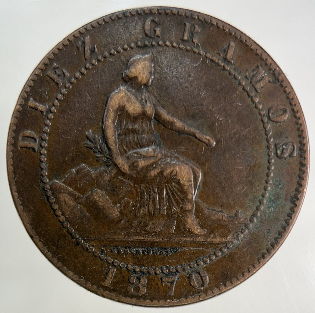 1870 Spain 10 Diez Centimos Coin | Fine Collectable Grade