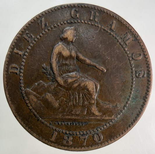 1870 Spain 10 Diez Centimos Coin | Fine Collectable Grade