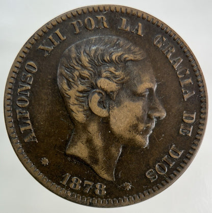 1878 Spain 10 Diez Centimos Coin | Fine Collectable Grade