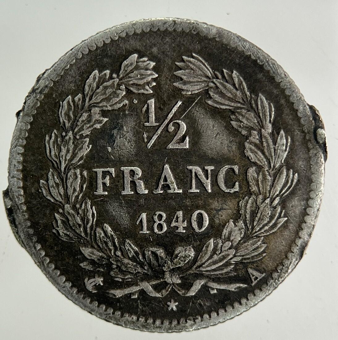 1840 France 1/2 Half Franc Silver Coin | Very High Grade