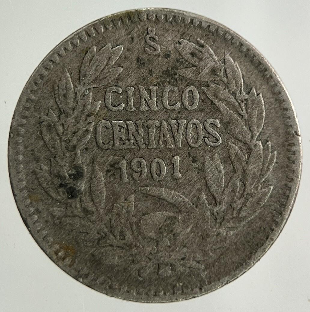 1901 Chile Cinco 5 Centavos Silver Coin | Fine Collectable Grade