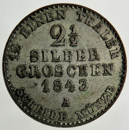 1843 Germany German States 2 1/2 Groschen Silver Coin | Very High Grade