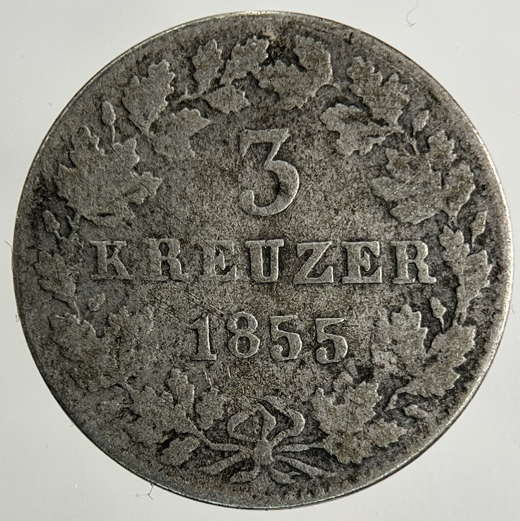 1855 Germany German States 3 Kreuzer Silver Coin | Collectable Grade