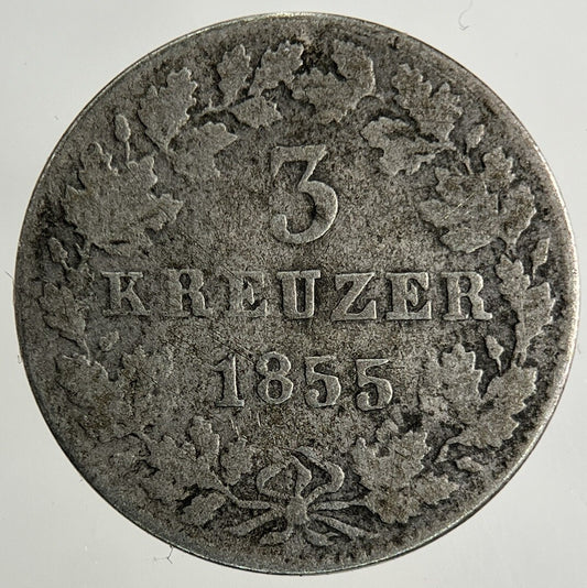 1855 Germany German States 3 Kreuzer Silver Coin | Collectable Grade