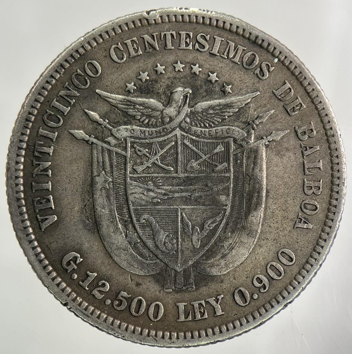 1904 Panama 25 Centesimos De Balboa Silver Coin | Very High Grade