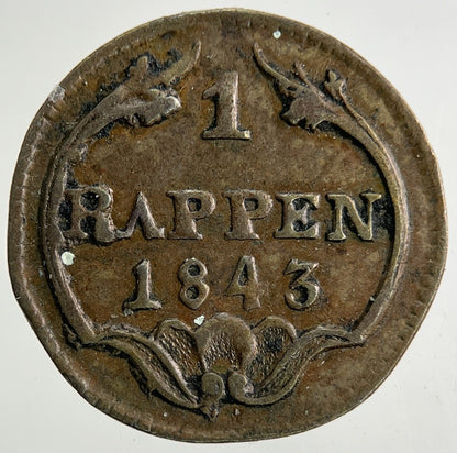 1843 Switzerland Swiss 1 Rappen Coin | Fine Collectable Grade