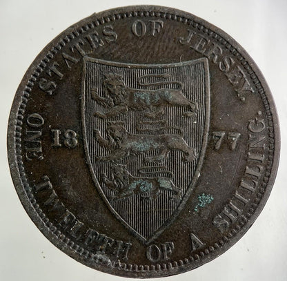 1877 Jersey 1/12 One Twelfth Of A Shilling Coin | Fine Collectable Grade